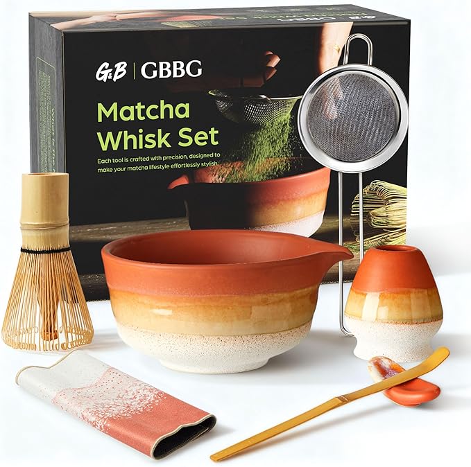 Matcha Whisk Set, Ceramic Matcha Set Desert Series, Matcha Bowl, Matcha Whisk and Holder, Bamboo Scoop, Scoop Rest, Sifter and Tea Towel 7 Pcs Matcha Kit for Birthday Christmas Gift (Matte Soil)