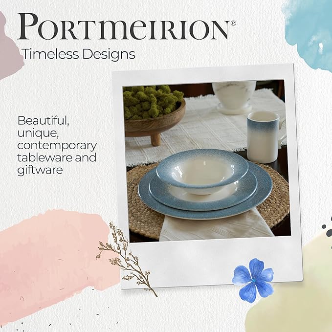 Portmeirion Potter’s Mist Oatmeal Bowls (Set of 4) - Versatile Earthenware Bowls for Kitchen, Soups, Cereal & Desserts - Dishwasher & Microwave Safe - Made in UK Dinnerware Collection (Blue Mist)