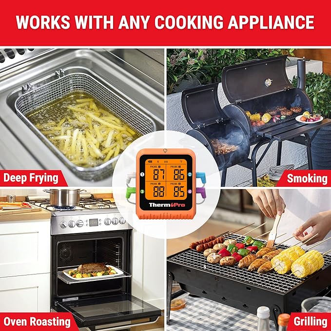 ThermoPro 650 ft Bluetooth Meat Thermometer with 4 Color-Coded Probes, Wireless Meat Thermometer Digital Wireless with Timer, Commercial Cooking Tools & Utensils Rechargeable for Smoker Oven