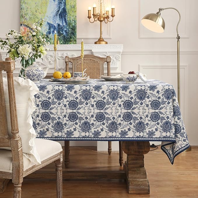 patdrea Designer Vintage Blue Floral Tablecloth for Square Table,Linen Paisley Breathable Pattern Table Cloth,Home Cover Decor for Kitchen Dining Christmas,Thanksgiving,67"x67"-Lantang a