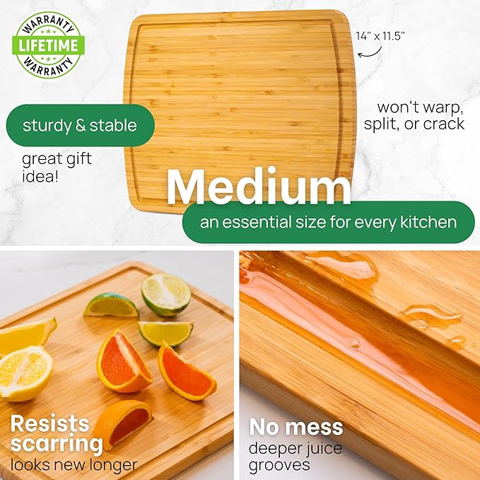 GREENER CHEF 15 Inch Bamboo Cutting Board with Lifetime Replacements - Medium Wooden Chopping Board for Kitchen, Butcher Block, Meat, Vegetables, Charcuterie and Cheese Board