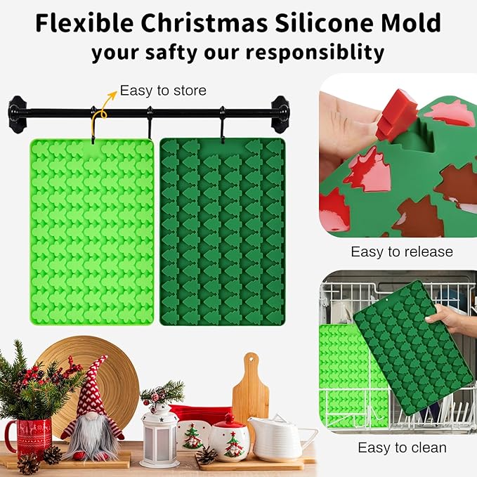 JOERSH Christmas Chocolate Silicone Molds, 2PCS Mini Christmas Tree and Gingerbread Man Shaped Candy Mold Non Stick for Fondant, Gummy, Jello, Dessert Cake Decorating