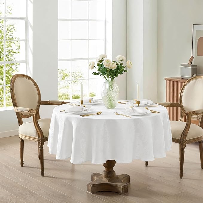 Newbridge Barcelona Luxury Damask Fabric Tablecloth, 70” Round, White, 100% Polyester, No Iron, Soil Resistant Dining Room, Party and Banquet Table Cover