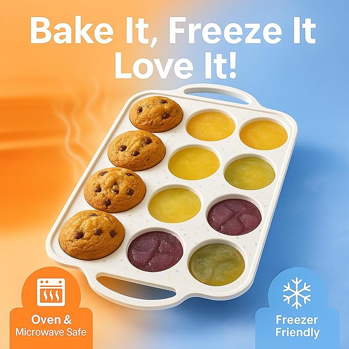 12-Cup Silicone Muffin Pan with Metal-Reinforced Handles – Nonstick, Non-Toxic Cupcake Pan for Baking – Easy-Release, BPA-Free, Dishwasher-Safe Silicone Muffin Tray - 1 PACK - CREAM