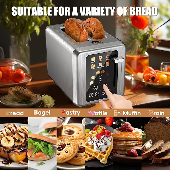 Touch screen Toaster 2 slice,Stainless Steel Digital Timer Toasters with Sound Function,6 Bread Types & 6 Shade Settings,Smart Extra Wide Slots Toaster with Bagel,Defrost Functions,Brushed steel