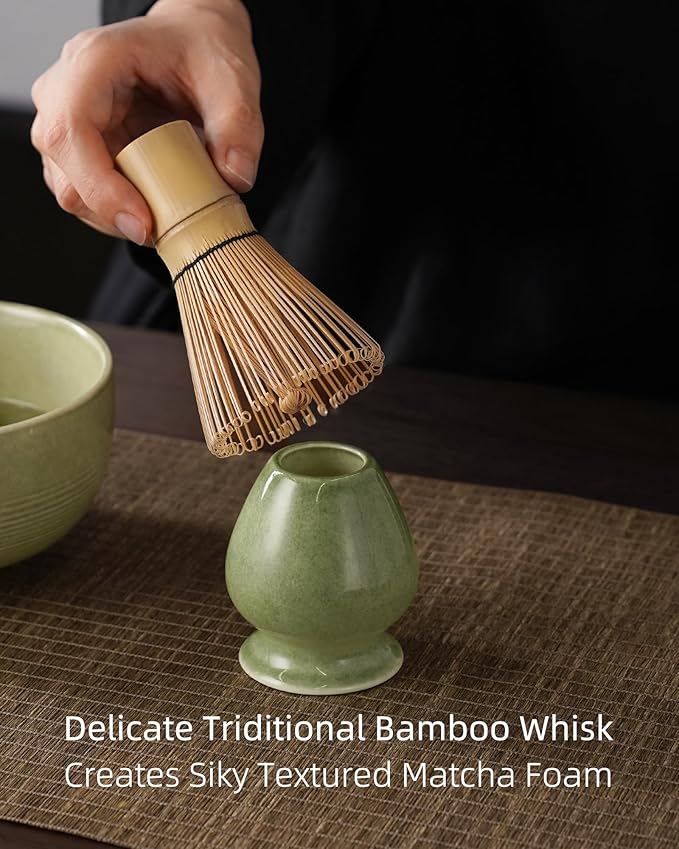 ZENS Matcha Whisk Set, 5pcs Matcha Kit Set Includes Ceramic Bowl, Handcrafted Bamboo Whisk and Chasen Holder, Scoop & Tea Mat, Matcha Tea Ceremony Gift for Matcha Lovers, Emerald Green