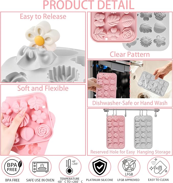 2PCS Silicone Flower Molds,Flower Chocolate Mold,Rose Leaf Tulip Daisy Bow Tie Candy Molds Silicone Gummy Jello Ice Cube Baking Soap Pudding Cookie Molds for Desserts Making,Cupcake Toppers,Cake Decor