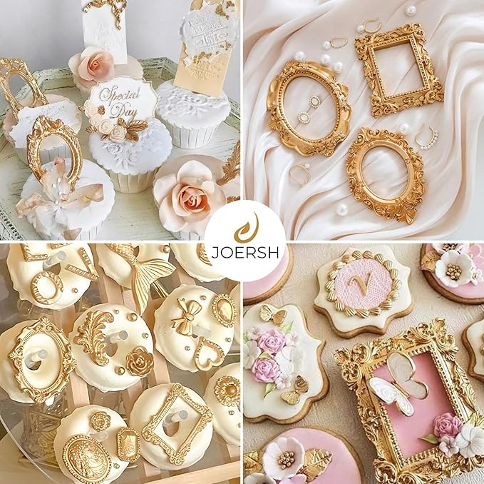 JOERSH 4PCS Baroque Frame Mold, Picture Photo Frames and Mirrors Silicone Fondant Mold for Cake Decorating, Cupcake Topper, Chocolate, Candy, Sugarcraft, Dessert Decor