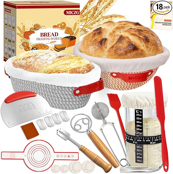 Sourdough Starter Kit,Banneton Bread Proofing Basket with Liner,Woven Bread Proofing Basket for artisan sourdough bread making,Sour Dough Bread Making Tools,Gifts for Bakers,Women,Mom,Wife