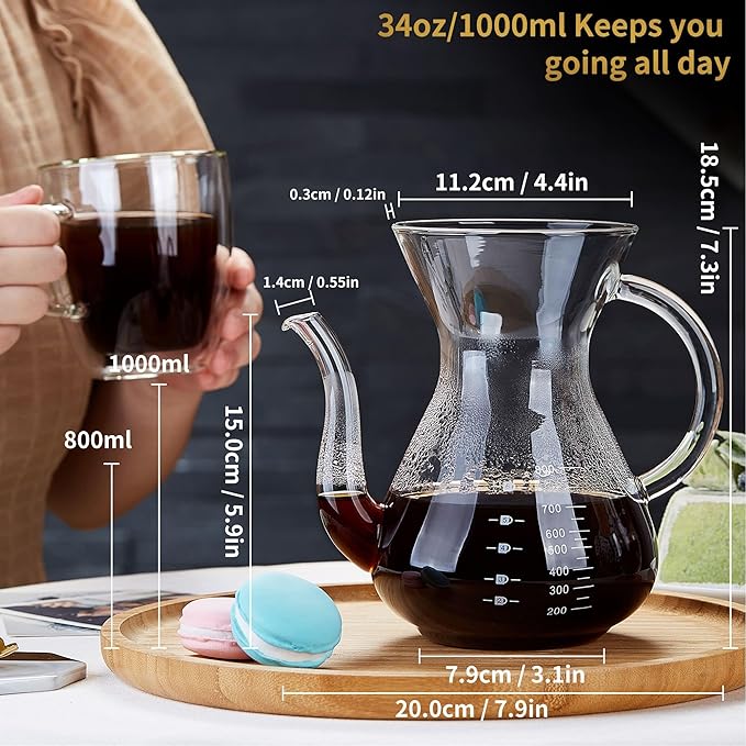 Unbreakable - Pour Over Coffee Maker with Double Stainless Filter 34 fl oz, Thickened Heat-Resistant Borosilicate Glass Pour Over Coffee Dripper, Stovetop Safe