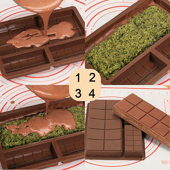 Chocolate Bar Mold, 1 Inch Deep Chocolate Molds Silicone for Homemade Dubai Pistachio/Candy/Snacks, 2 Pcs Large Silicone Molds with Three Bars Cavities, Food Grade and Break Apart