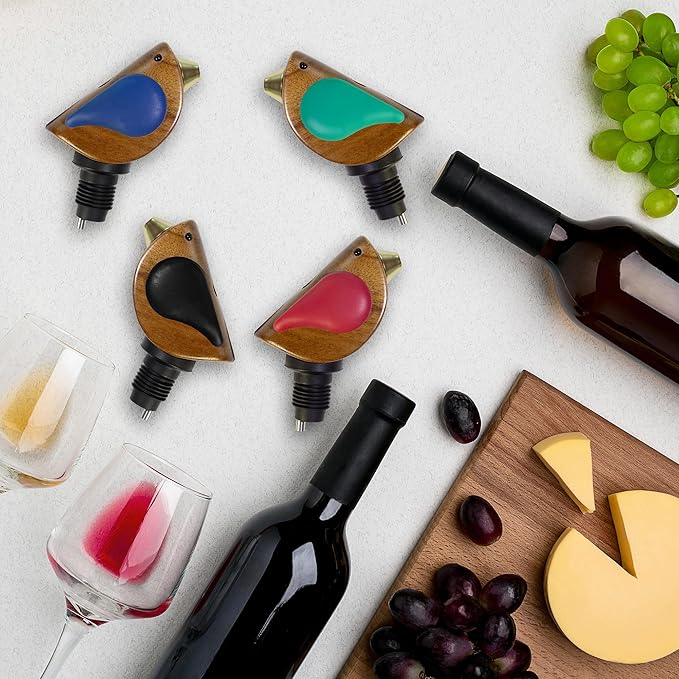 Songbird Specialties Wine Bottle Pourer, Fun Wine Pourer Spout Sings While It Pours, Airtight Wine Bottle Sealer, Acacia Wood with Turquoise Wings