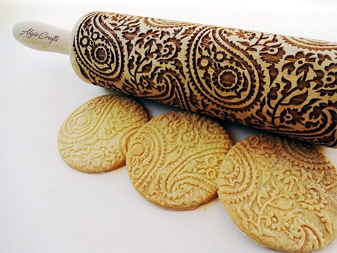 PAISLEY Embossing Rolling Pin with Oriental Pattern. Dough Roller for Embossed Cookies and Pottery by Algis Crafts