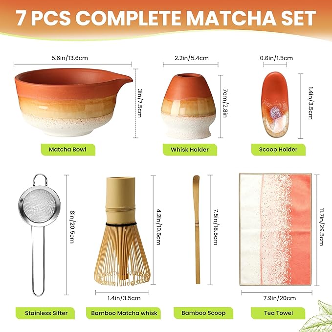 Matcha Whisk Set, Ceramic Matcha Set Desert Series, Matcha Bowl, Matcha Whisk and Holder, Bamboo Scoop, Scoop Rest, Sifter and Tea Towel 7 Pcs Matcha Kit for Birthday Christmas Gift (Matte Soil)