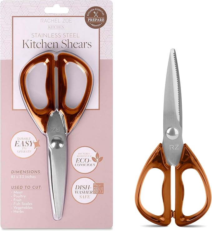 Rachel Zoe Multi-Purpose Kitchen Scissors, Stainless Steel Kitchen Shears with Protective Sheath & Soft Handle Grips, Dishwasher Safe, Vegetables, Fruits & Meat Cutting Scissors (Brown/Silver)