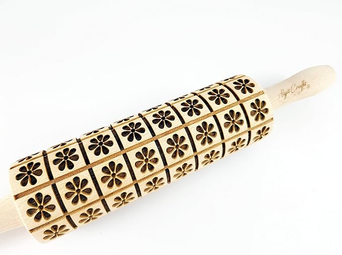 Rolling Pin DAISY Wooden Embossing Rolling Pin with Classic Flowers Embossed Cookies Pottery Birthday gift for mother friend grandmother