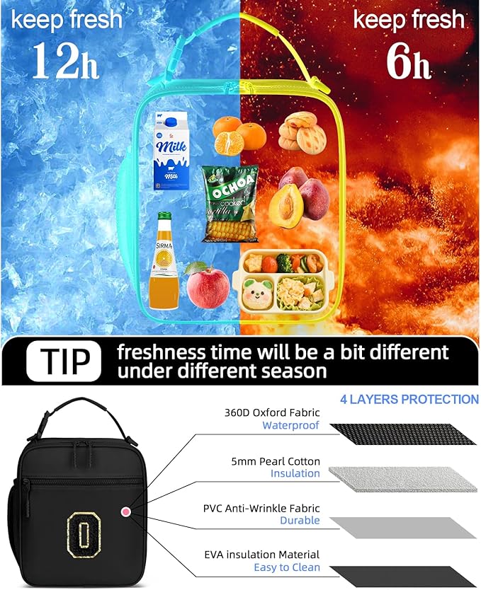 Initial Insulated Lunch Bag for Boys Kids, Back to School Gift, Reusable Leak-proof Lunch Box with Adjustable Strap for School Daycare Travel Picnic（Black，O）