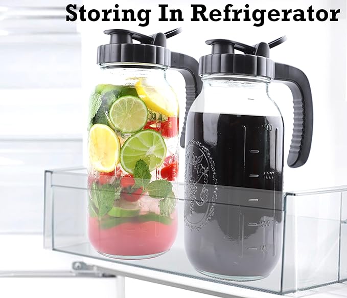 Cold Brew Coffee Maker Half Gallon 2 Set Glass Mason Jar Pitcher With Spout Lid Filter 2 Quart Wide Mouth Iced Tea Brewing Jug Heavy Duty Handle Airtight & Leak-Proof Pitcher For Fridge Sun Tea 64 OZ