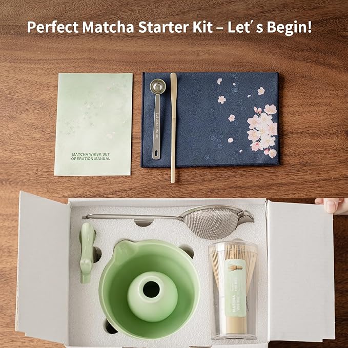 Matcha Whisk Set of 8 - HTRCXB Ceramic Matcha Set, Include Matcha Bowl, Matcha Whisk and Holder, Bamboo Scoop, Measuring Spoon, Scoop Rest, Sifter and Tea Towel - Matcha Kit Gift for Matcha Lovers