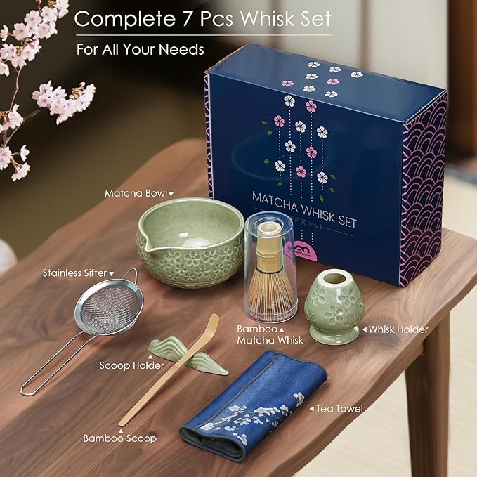 7Pcs Matcha Whisk Set, Ceramic Matcha Bowl with Spout,Bamboo Whisk and Holder, Bamboo Scoop,Scoop Rest,Sifter and Tea Towel,Matcha Kit w/Cherry Blossom Carved Pattern (Mottled Green)
