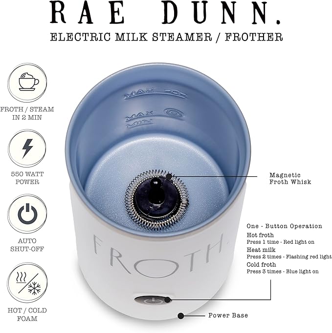 Rae Dunn Electric Milk Frother Steamer -Stylish Automatic Milk Steamer and Frother, Milk Warmer, Hot and Cold Foam Maker for Coffee, Latte, Cappuccino, Macchiato - 550 Watt (Cream)