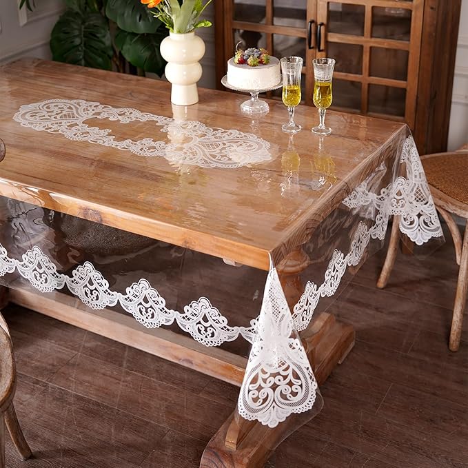 Clear Table Cover Protector Vinyl Table Cloth Rectangle with Lace Pattern Oil Spill Proof Vintage Rustic Plastic Table Covers for Dining Tables (White Lace, 52 x 70 Inches)
