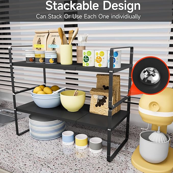 16.5-27’’L Expandable Cabinet Shelf Organizers, Stackable Metal Shelves Extender for Kitchen Countertop Storage, Adjustable Spices Shelves Rack Stand for Cupboard Pantry, Black