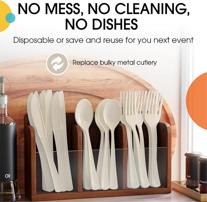 Party Solids Ivory Plastic Silverware Heavy Duty 300 Pieces Ivory Plastic Cutlery Sets, Utensil Sets, 100 Of Each Forks, Knives & Spoons Disposable Cutlery Set, Flatware Set For Party Supplies