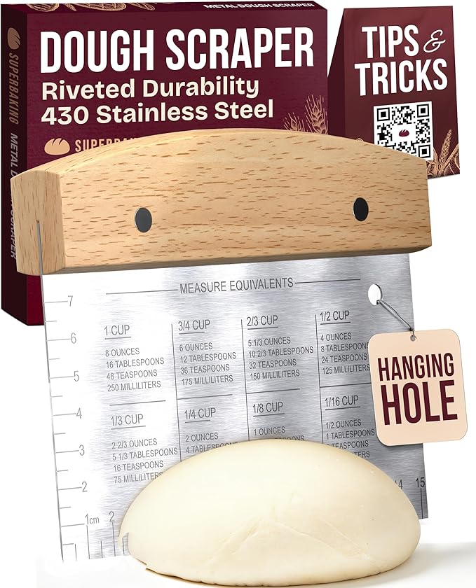 Superbaking Dough Scraper - 6" Wooden Bench Scraper - Dough Cutter with Ruler - Pastry & Cake Scraper - Kitchen Tools Sourdough Baking Supplies - Bread Making Tools & Accessories for Home Bakers
