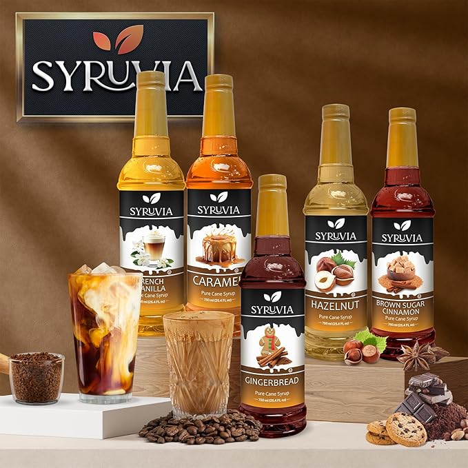 Syruvia Glazed Donut & Butterscotch Coffee Syrup - 25.4 fl oz Premium Coffee Flavoring Syrup. No Coloring, Kosher, and Gluten-Free. Perfect for Drinks, Sodas, Shakes, Desserts, & More.
