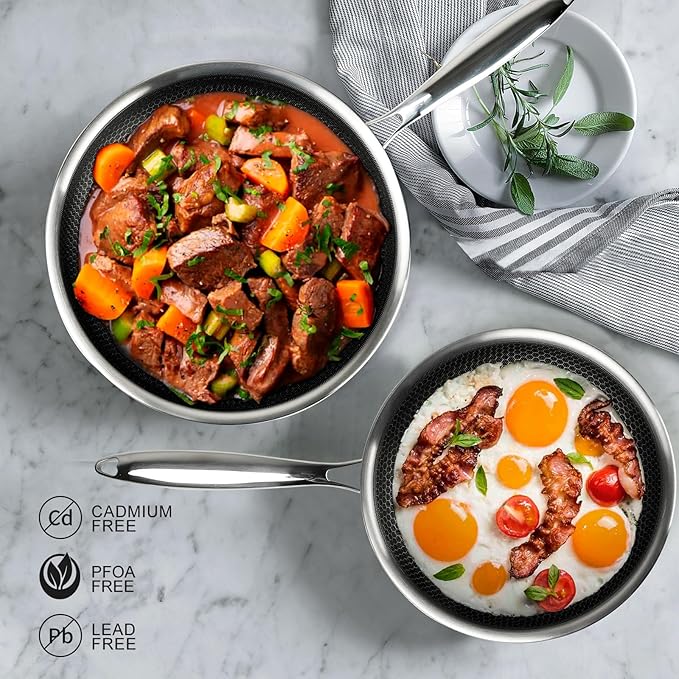 Innerwell Tri-Ply Stainless Steel Frying Pan Set with Lid,9.5Inch 11Inch Nonstick Honeycomb Stainless Steel Cooking Pan Set of 2 Skillet Works Pan for Cooking with Induction Gas Stovetops