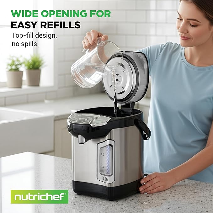 NutriChefKitchen Electric Water Boiler and Warmer - 3L/3.17 Qt Stainless Steel Electric Hot Water Dispenser w/Rotating Base, Auto Shut Off, Safety Lock, Instant Heating for Coffee & Tea (NCHUB13)