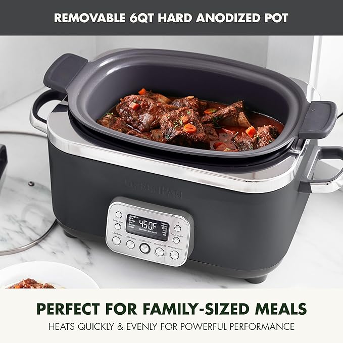 GreenPan Elite 8-in-1 Programmable 6QT Electric Slow Cooker, Dishwasher Safe Lid & Removable Crock, PFAS-Free Healthy Ceramic Nonstick Multi-Cooker, Sear,Sauté/Brown,Steam Basket,Roast, Graphite