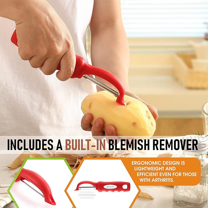 Spring Chef Premium Swivel Vegetable Peeler, Soft Grip Handle and Ultra Sharp Stainless Steel Blades - Perfect Kitchen Peeler For Veggie, Fruit, Potato, Carrot, Apple - Red