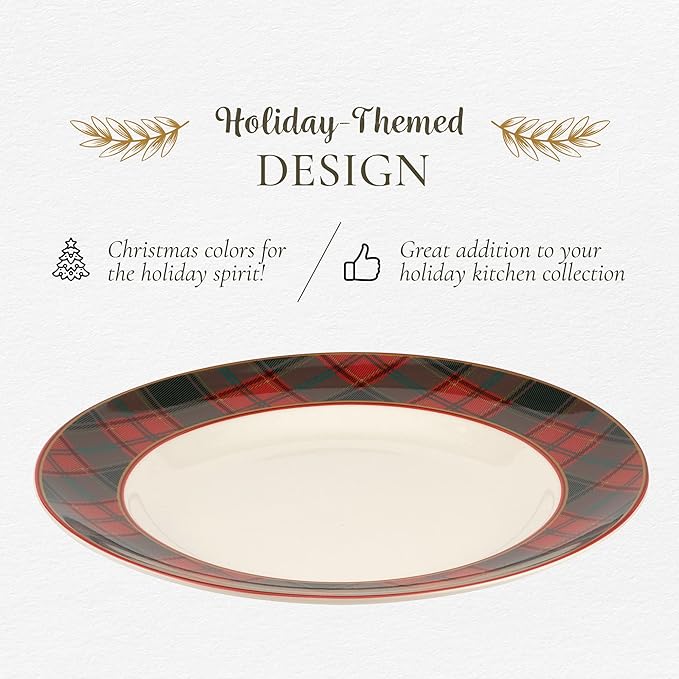 Spode Christmas Tree Tartan Dinner Plate, 10.5-Inch Festive Holiday Tableware, Colorful Christmas Dishes with Tartan Plaid Border, Fine Earthenware, Microwave & Dishwasher Safe Decorative Plate