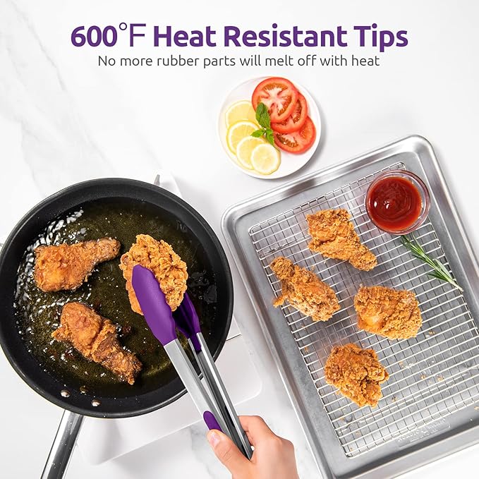 600ºF Heat Resistant Kitchen Tongs: U-Taste 9+12 inch Silicone Cooking Tong Set with Firm Sealed Non Stick Rubber Tips and Silicon Coated 18/8 Stainless Steel Handle for Serving Grilling Salad(Purple)