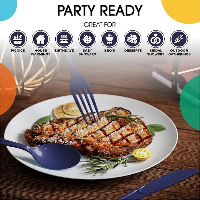 Party Solids Navy Plastic Silverware Heavy Duty 300 Pieces Navy Plastic Cutlery Sets, Utensil Sets, 100 Of Each Forks, Knives & Spoons Disposable Cutlery Set, Flatware Set For Party Supplies