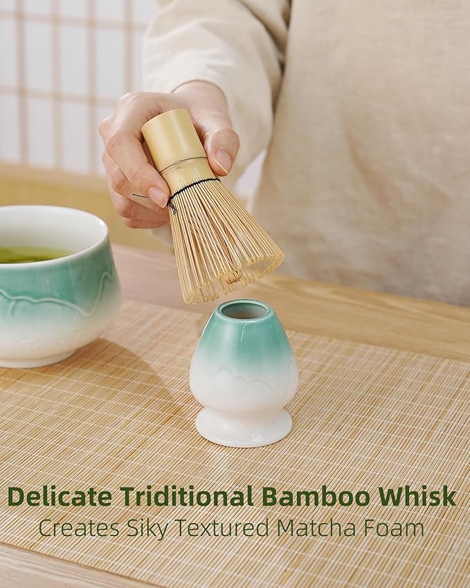 ZENS Matcha Whisk Set, 6Pcs Matcha Set Includes Ceramic Bowl, Bamboo Whisk and Chasen Holder,Scoop, 304 Stainless Sifter & Tea Mat, Matcha Kit for Tea Ceremony, Blue