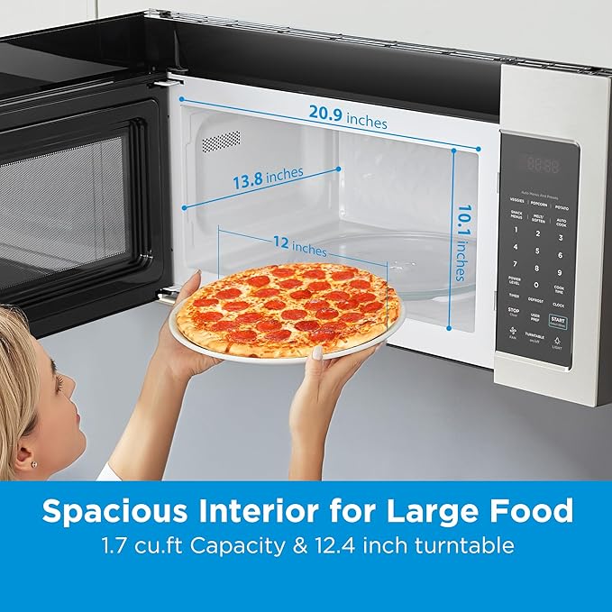 Midea MOR17BSA-SS 1.7 Cu.ft. Over The Range Microwave Oven with Smart Touch Panel, Auto Cooking Menu, 1000 W, 300 CFM Ventilation, in Stainless Steel
