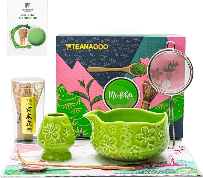 TEANAGOO 7-PCS Green Matcha Whisk Set with Cherry Blossom Design, Complete Ceremony Kit, Ceramic Chawan Bowl with Spout, Whisk & Accessories, Traditional Matcha Tea Set for Lattes& Gift Giving