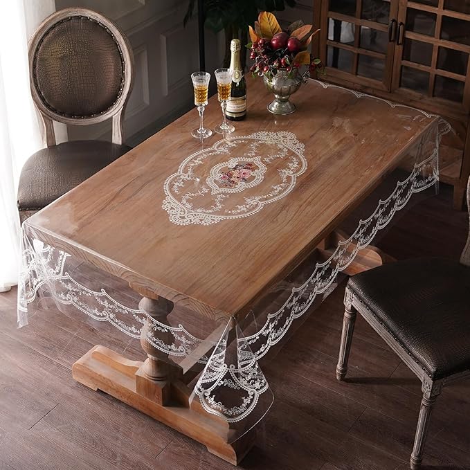 Clear Table Cover Protector Plastic Vinyl Table Cloth with White Lace Pattern Oil Spill Proof Plastic Tablecloths for Dining Tables Parties Holidays (French Lace, 52 x 70 Inches)