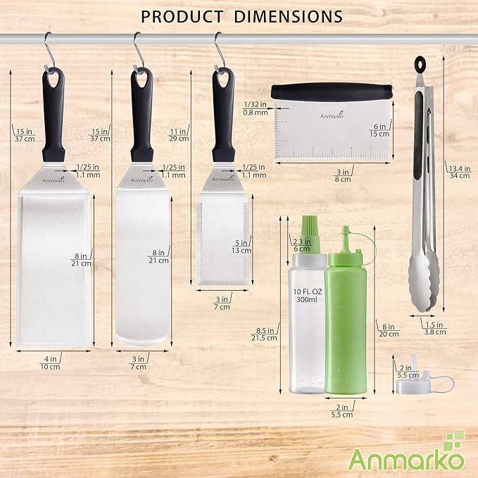 Metal Spatula and Scraper Set - Griddle Accessories kit - Grill Tongs Flat Spatula Pancake Flipper Hamburger Turner Squeeze Bottles Set - Metal Utensil Great for BBQ Grill Flat Top Cast Iron