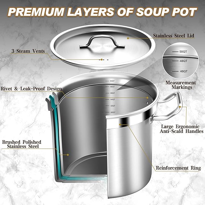 Stock Pot - 50QT Large Soup Pot with Lid - Heavy Duty Induction Tri-Ply Bottom Commercial Grade Stockpot for Boiling Cooking Soup Stew Pasta Cooking Pots, Deep Cookware
