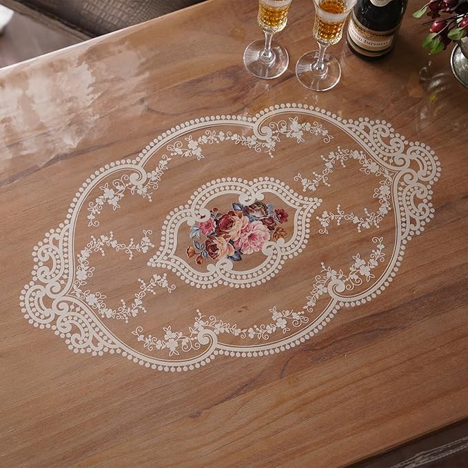 Clear Table Cover Protector Plastic Vinyl Table Cloth with White Lace Pattern Oil Spill Proof Plastic Tablecloths for Dining Tables Parties Holidays (French Lace, 52 x 70 Inches)