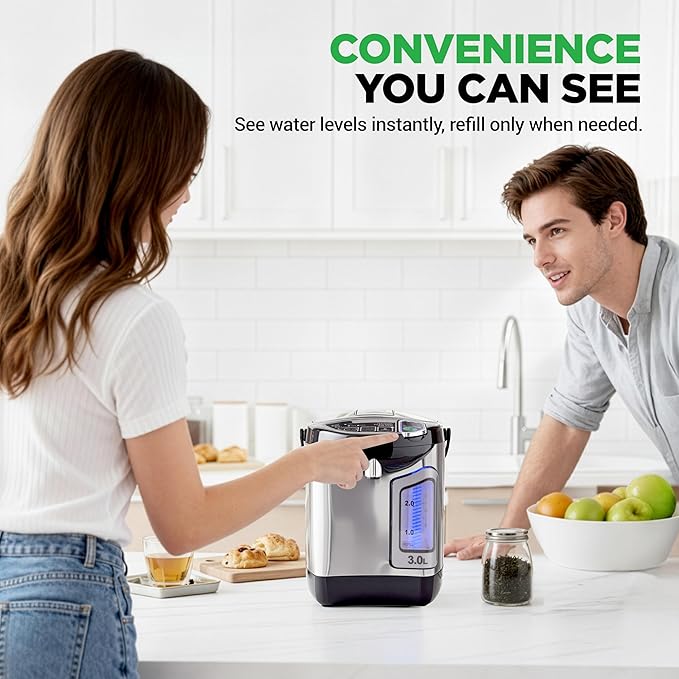 NutriChefKitchen Electric Water Boiler and Warmer - 3L/3.17 Qt Stainless Steel Electric Hot Water Dispenser w/Rotating Base, Auto Shut Off, Safety Lock, Instant Heating for Coffee & Tea (NCHUB13)