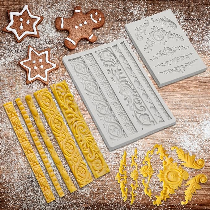 4 Pcs Baroque Style Silicone Molds Curlicues Scroll Lace Fondant Molds Relief Flower Mould Filigree Mold 3D Sculpted for Gummy Sugar, Cupcake Topper, Polymer Clay, Crafting Projects