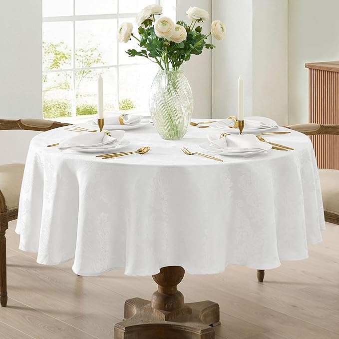 Newbridge Barcelona Luxury Damask Fabric Tablecloth, 70” Round, White, 100% Polyester, No Iron, Soil Resistant Dining Room, Party and Banquet Table Cover