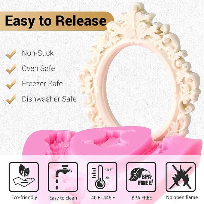 JOERSH 4PCS Baroque Frame Mold, Picture Photo Frames and Corners Silicone Fondant Mold for Cake Decorating, Cupcake Topper, Chocolate, Candy, Sugarcraft, Dessert Decor