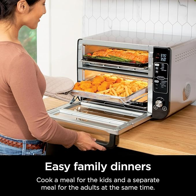 Ninja 10-in-1 Multi-Cooker Double Oven with FlexDoor, FlavorSeal & Smart Finish – Rapid Top Convection, Air Fry Bottom, Bake, Toast, Pizza & More – Stainless Steel, DCT400