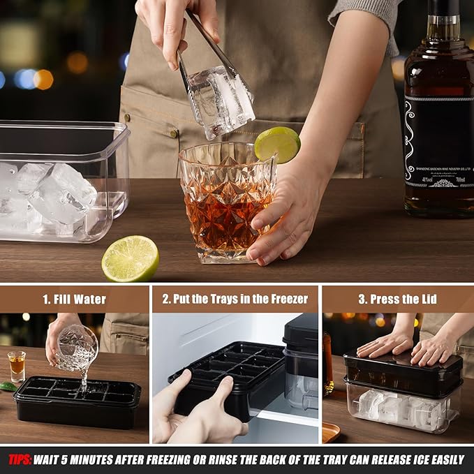 PHINOX Large Ice Cube Tray with Lid and Bin, Ice Trays for Freezer, 2 INCH Whiskey Ice Cubes Mold, 2*8 pcs Square Ice Cube Mold with Tong, Easy to Release, Large Ice Tray for Whiskey Cocktail Bourbon